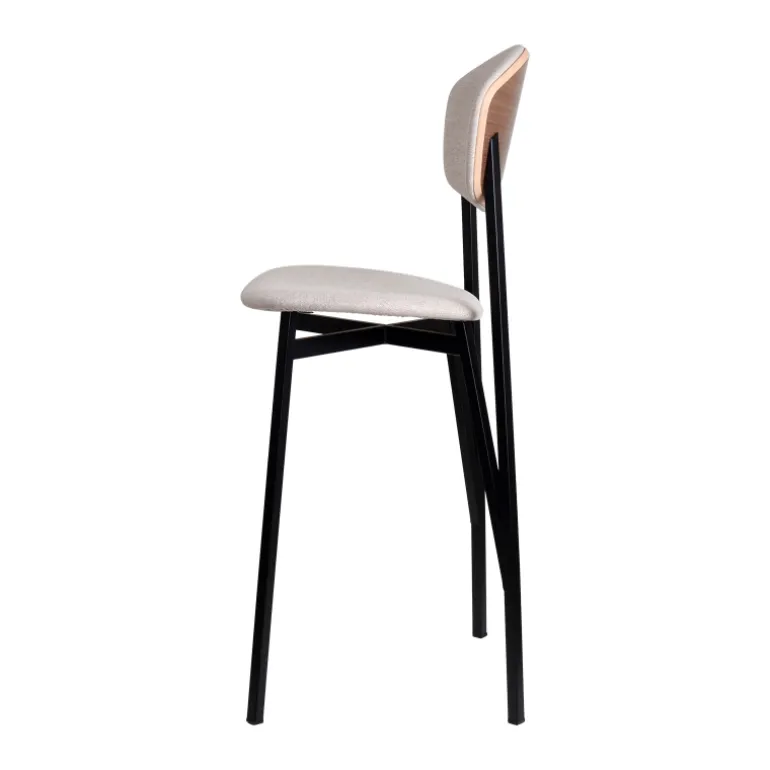 Artémis Carrier® Tabouret snack design français assise et dossier en tissu dos en bois et pieds en métal