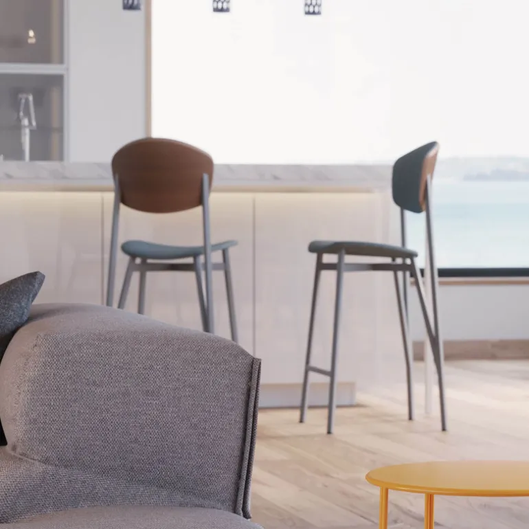 Artémis Carrier® Tabouret snack design français assise et dossier en tissu dos en bois et pieds en métal