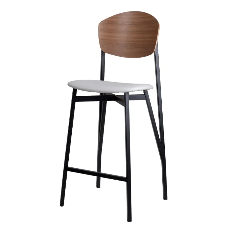 Artémis Carrier® Tabouret snack design français assise en simili dossier bois et pieds en métal