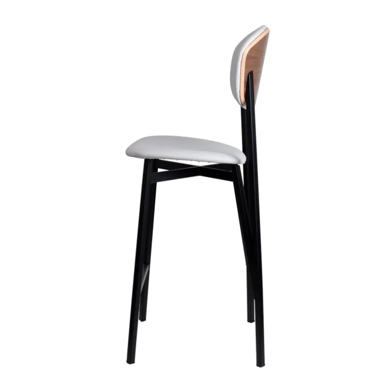 Artémis Carrier® Tabouret snack design français assise et dossier en simili dos bois et pieds en métal