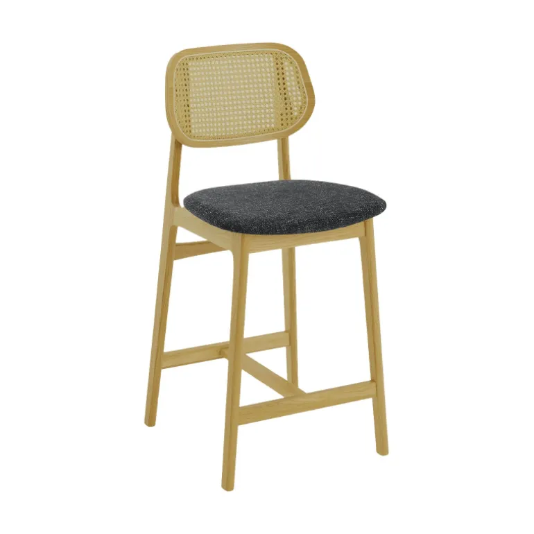 AugustinTabouret snack avec dossier en cannage et assise en tissu