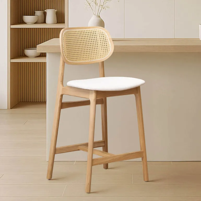 AugustinTabouret snack avec dossier en cannage et assise en tissu