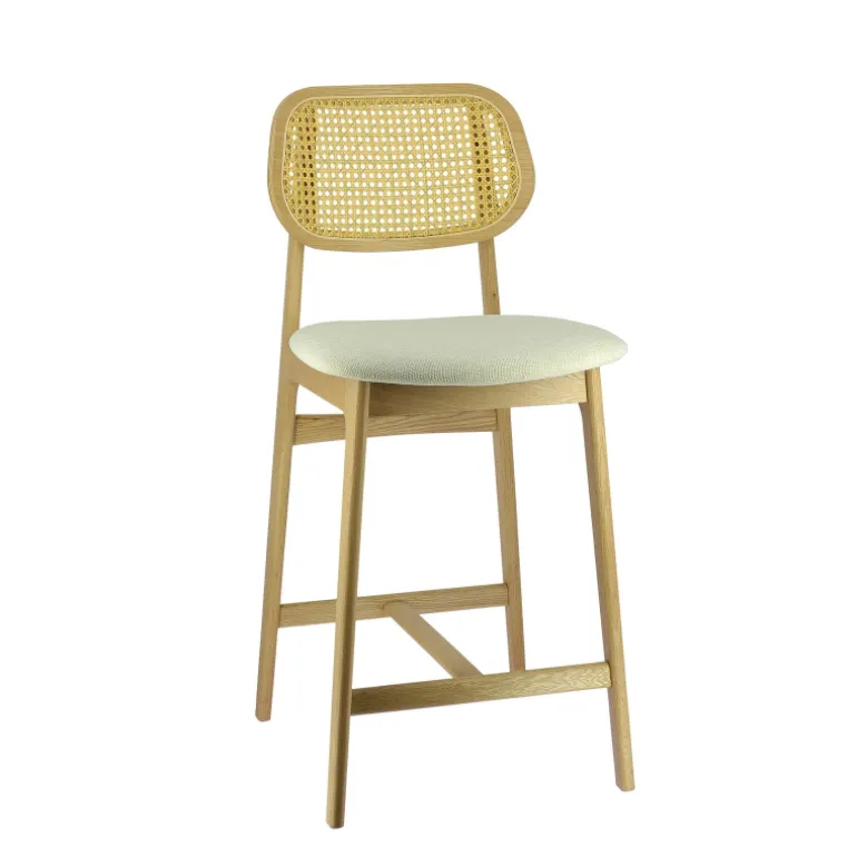 AugustinTabouret snack avec dossier en cannage et assise en tissu