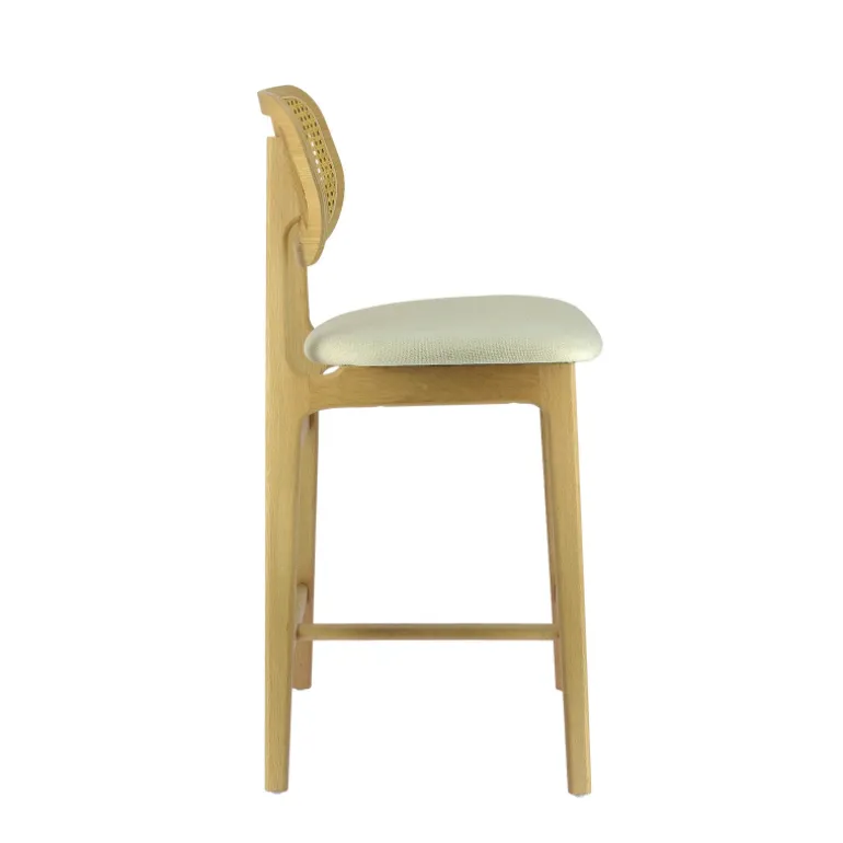 AugustinTabouret snack avec dossier en cannage et assise en tissu