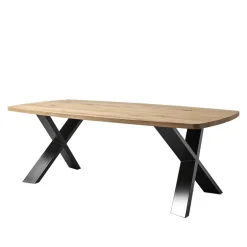 Carte Table industrielle forme tonneau en bois massif pieds croisés