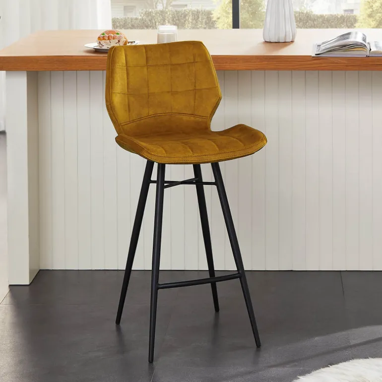 ImpiaTabouret design coque matelassée en velours et pieds en métal noir