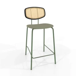 Ritmo Tabouret snack rétro avec dossier cannage rotin et assise en simili